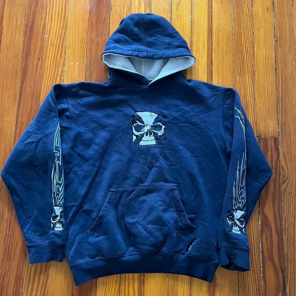 1990s Graphic Sapphire Lounge Skull Embroidered Hoodie size S